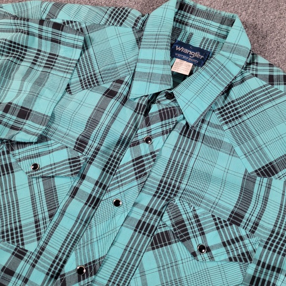 Wrangler Shirt Men's L Black Pearl Snap Teal Black Plaid Western Cowboy Rodeo - Picture 1 of 8